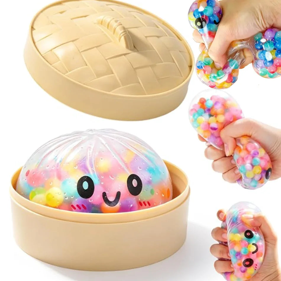 Rainbow Bead Filled Dumpling Squishy | With Bamboo Steamer Stress Relief Fidget Toy