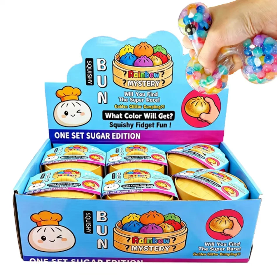 Rainbow Bead Filled Dumpling Squishy | With Bamboo Steamer Stress Relief Fidget Toy